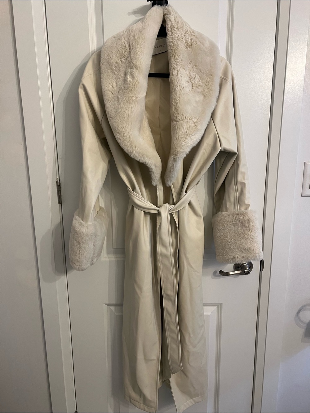Meshki Cream Faux-Fur Trim Long Belted Trench Coat